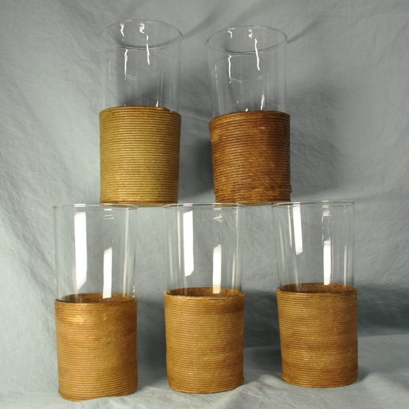FIVE 12 oz vintage MCM Libbey collins glass cork & rattan holder/coaster (w1500)